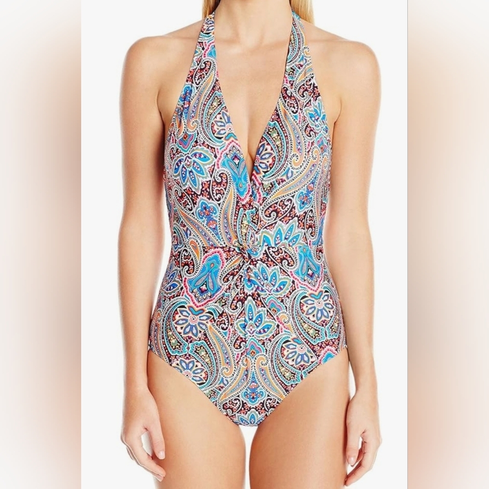 Jantzen Multicolor Paisley Halter One-Piece Swimsuit - Blue, Pink, Cream